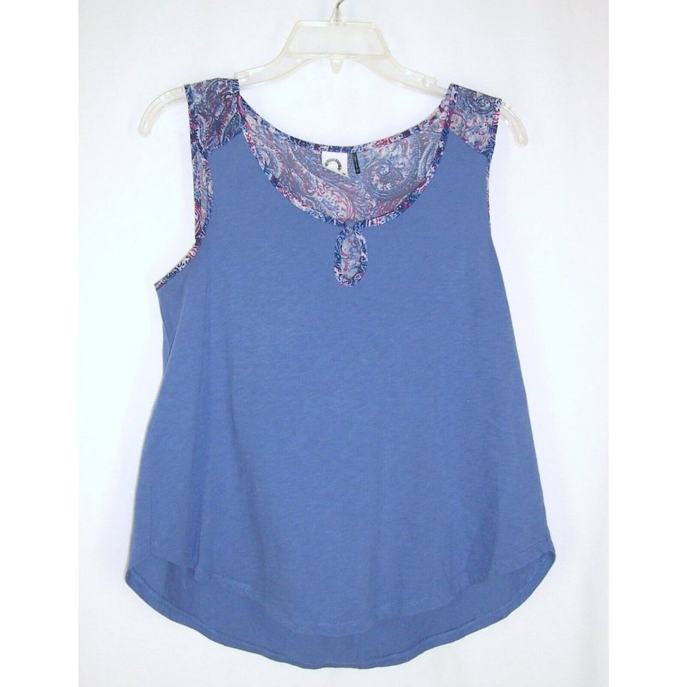Akemi + Kin Anthropologie Tank Top M Blue Paisley Accent Keyhole Neck Hi Lo Hem